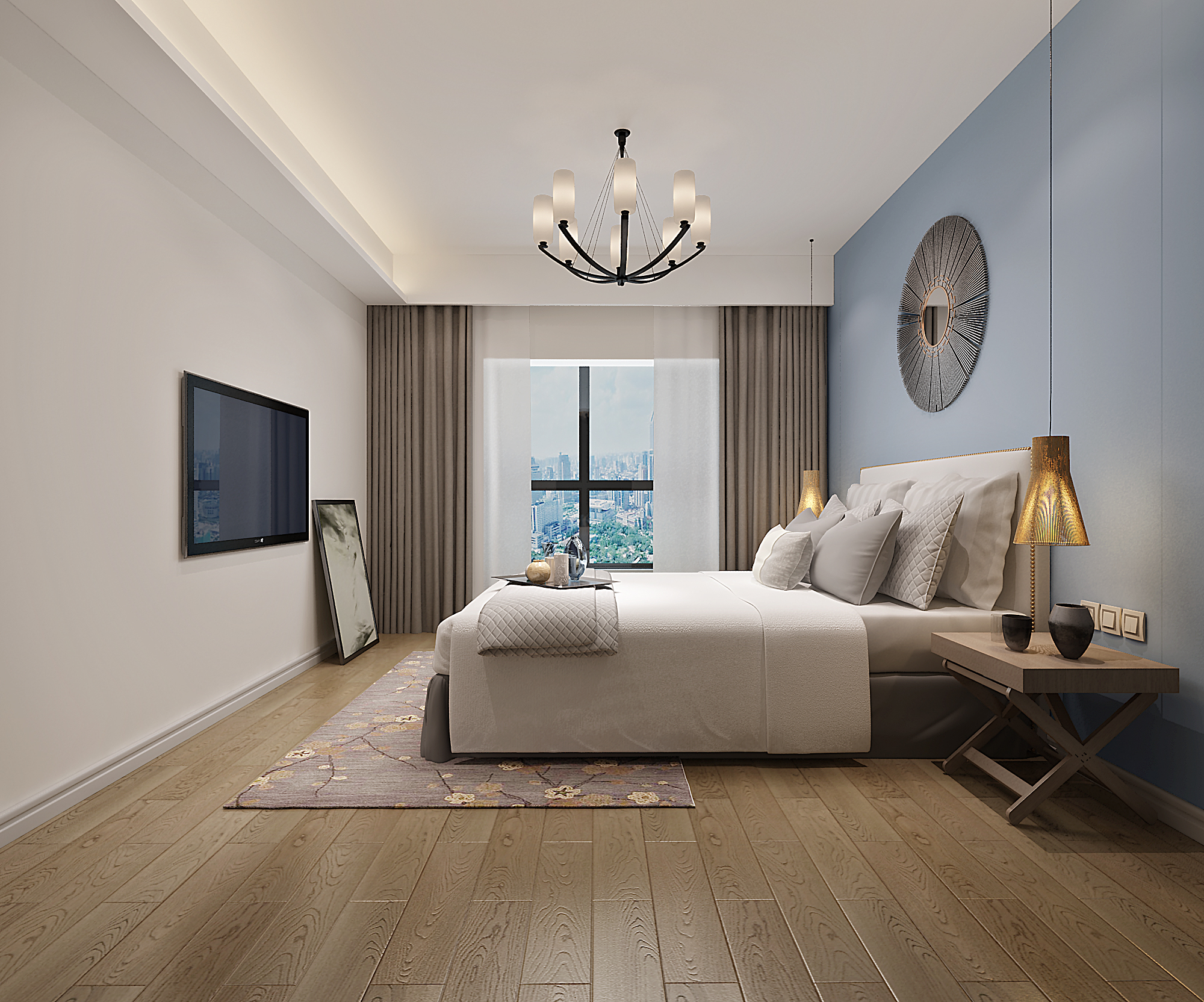 简约新中式三居装修设计，客厅沙发后面用屏风隔出一个书房！