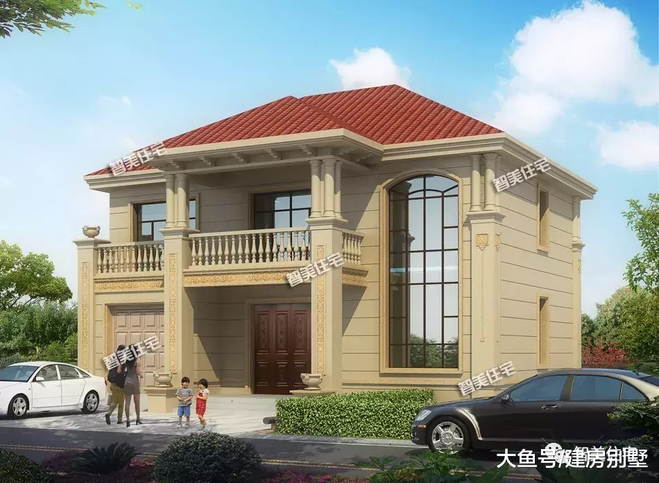 12-13米面宽的两层农村别墅，不仅有落地窗，还配车库