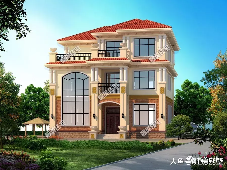 开间11-12米之间的两栋农村别墅，第一栋室内多个套房设计