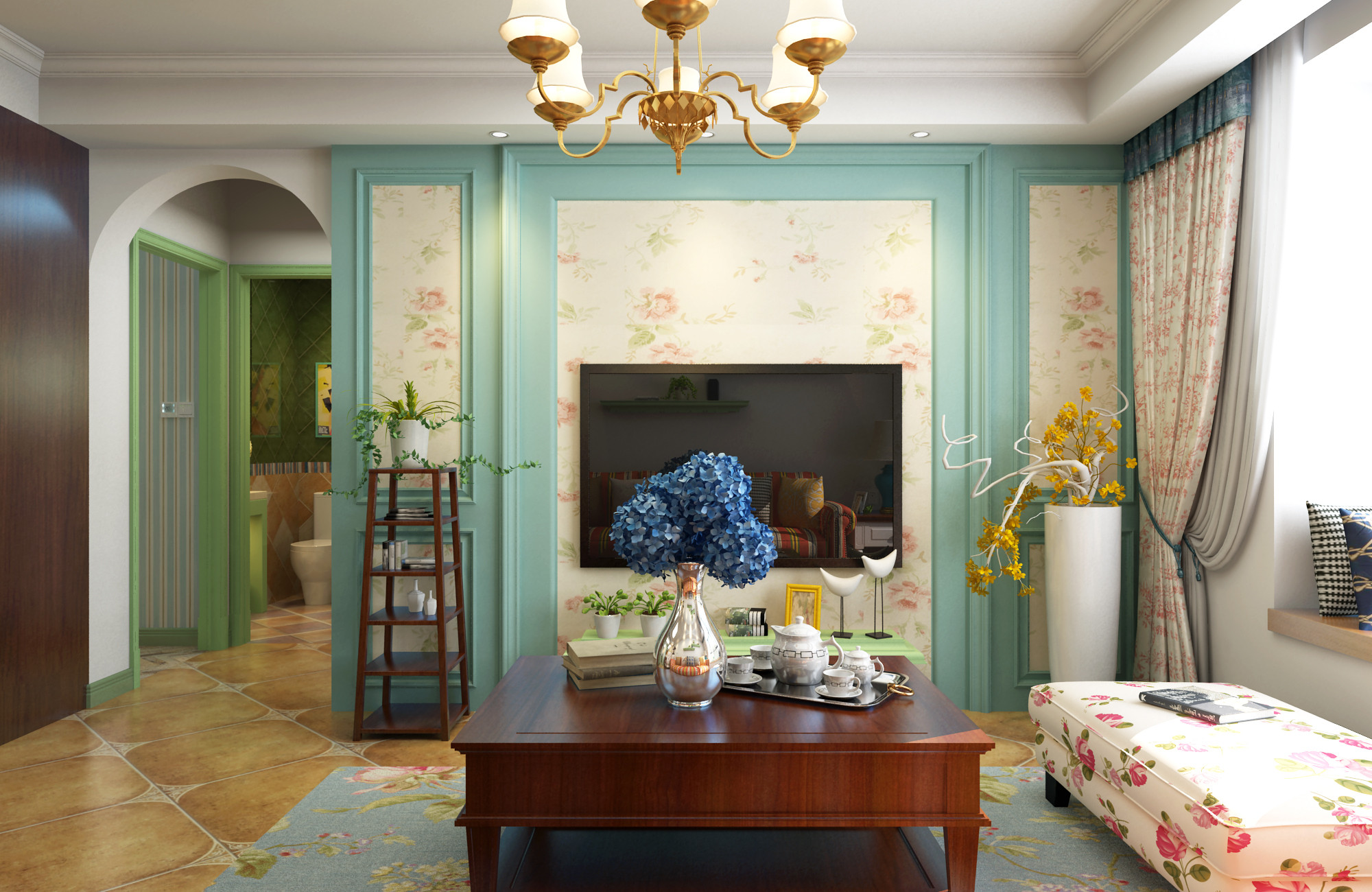 美式田园风二居室装修效果图，五彩缤纷的色调充满着生活的甜蜜