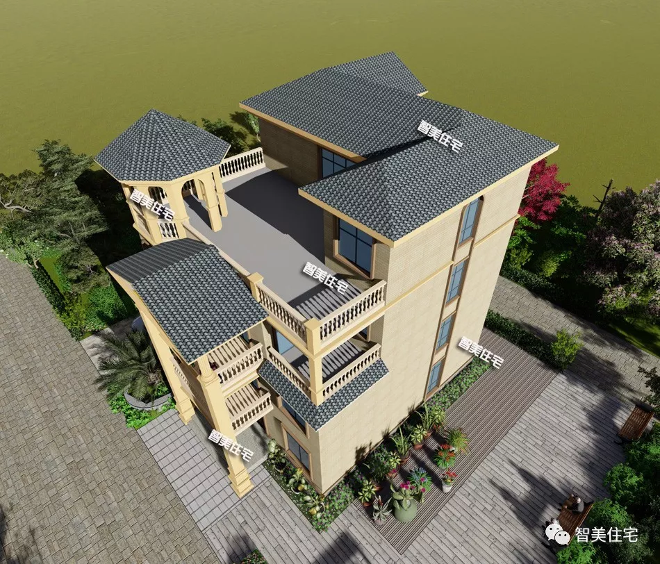 带露台凉亭的四层农村别墅，内配8个卧室，休闲空间多