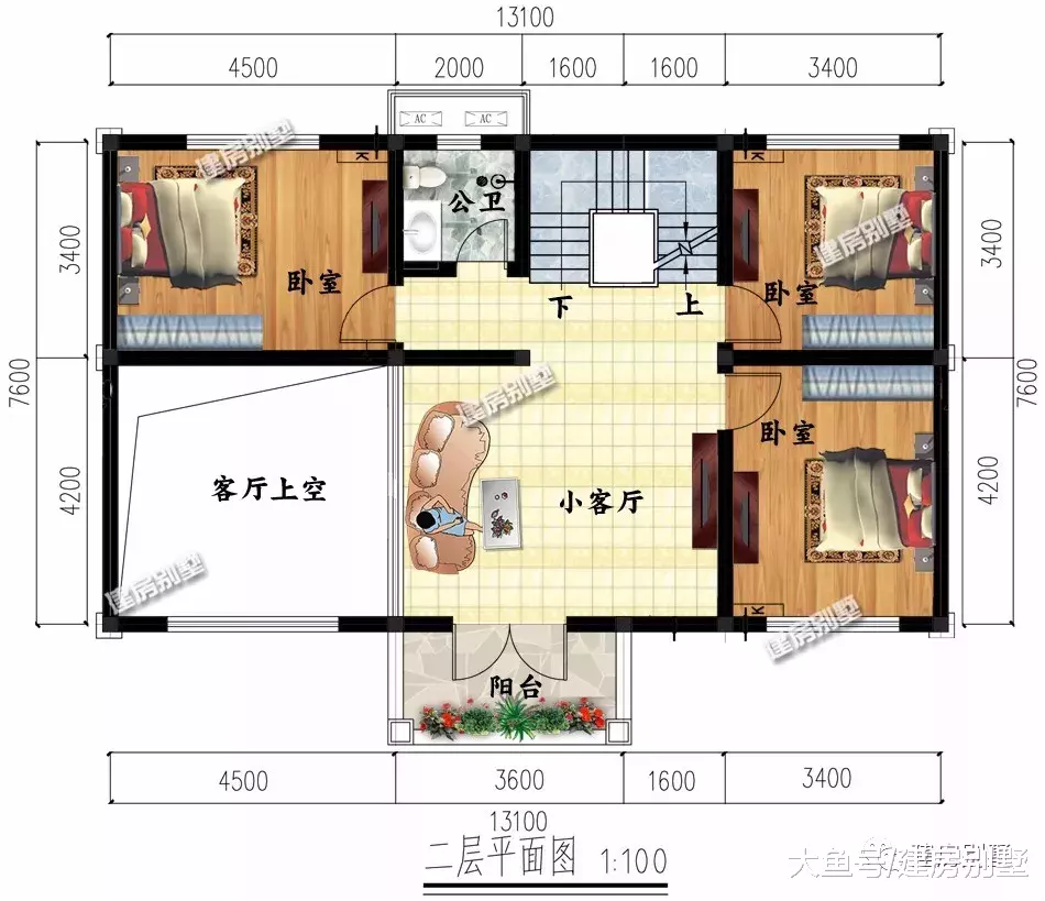 13.1×7.6米农村别墅，7个卧室设计，客厅挑空很大气