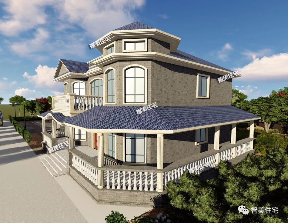 16.9×13.8米农村别墅，配大门廊，造型神似小城堡