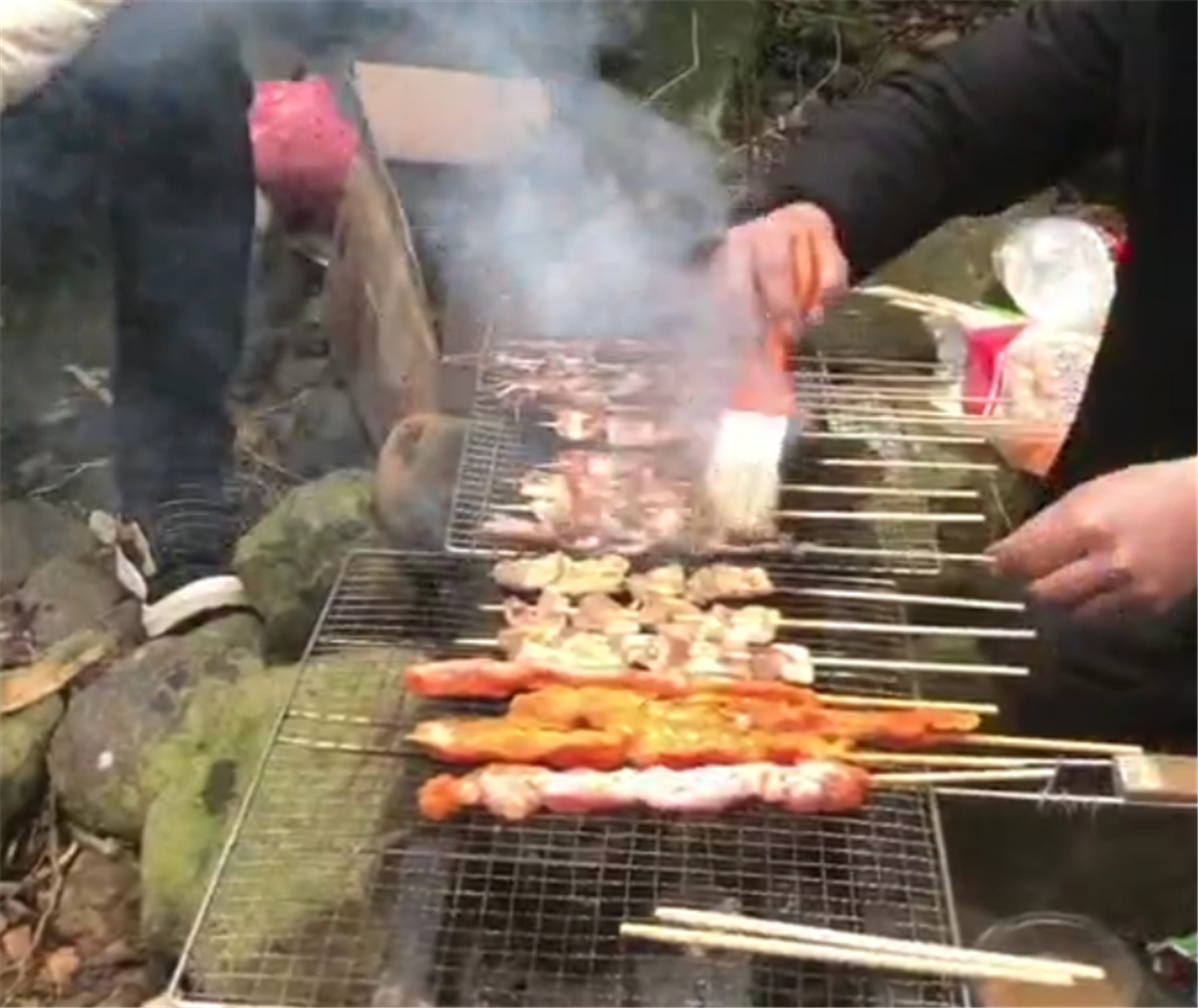 主人在河边烤串，大黄狗站在桥上张望，狗：啥好东西这么香……