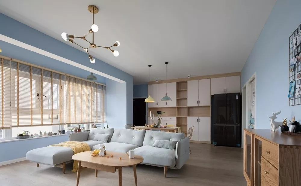 100㎡简约北欧风格装修效果图，马卡龙清新蓝横厅设计超赞！