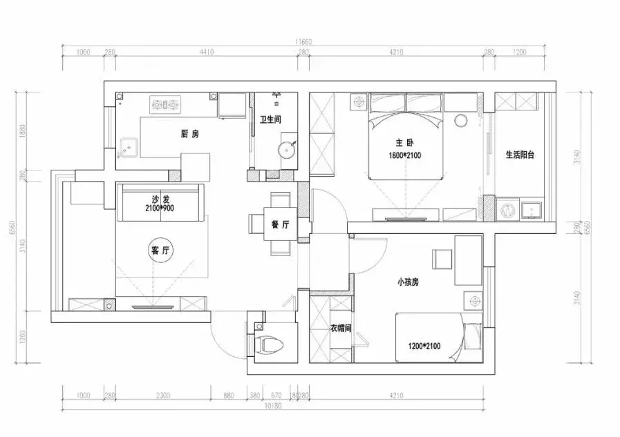 76平的简约风小户型二居室, 半开放式厨房宽敞又好看