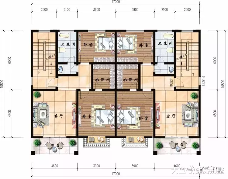 两栋宽17米的农村双拼别墅，欧式风格设计，第一栋每层都有厨房