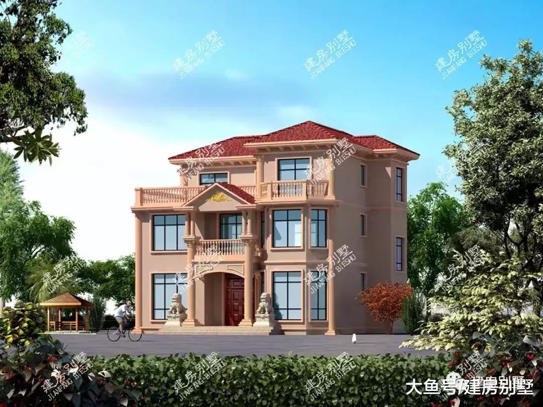 两栋12×12米的三层农村别墅, 外观都很喜庆, 住进去旺全家