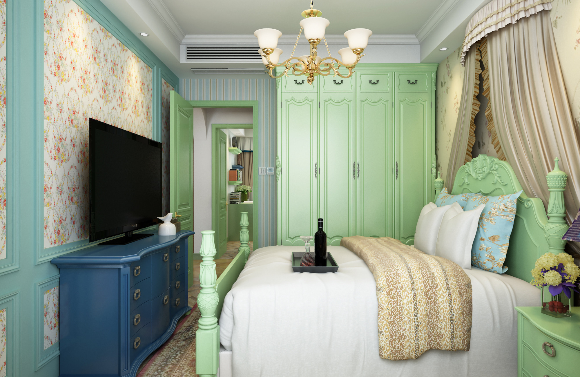 美式田园风二居室装修效果图，五彩缤纷的色调充满着生活的甜蜜