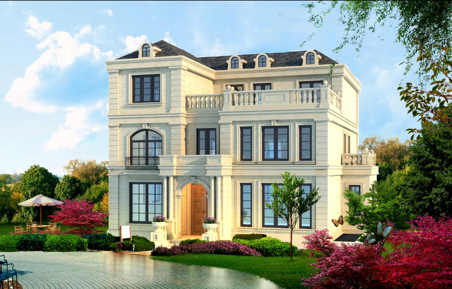 14.5X14.3簡約法式別墅，挑空客廳+前后雙露臺，適合農村