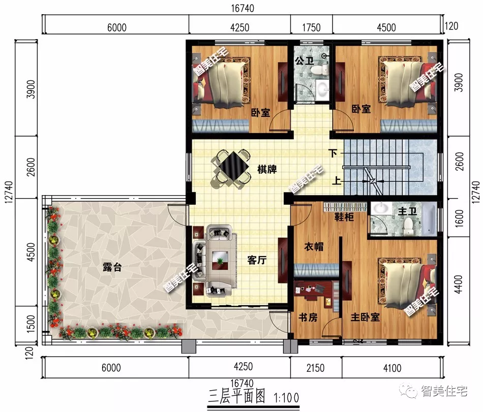 16.7×12.7米四层别墅，平顶设计，新中式外观全村独有