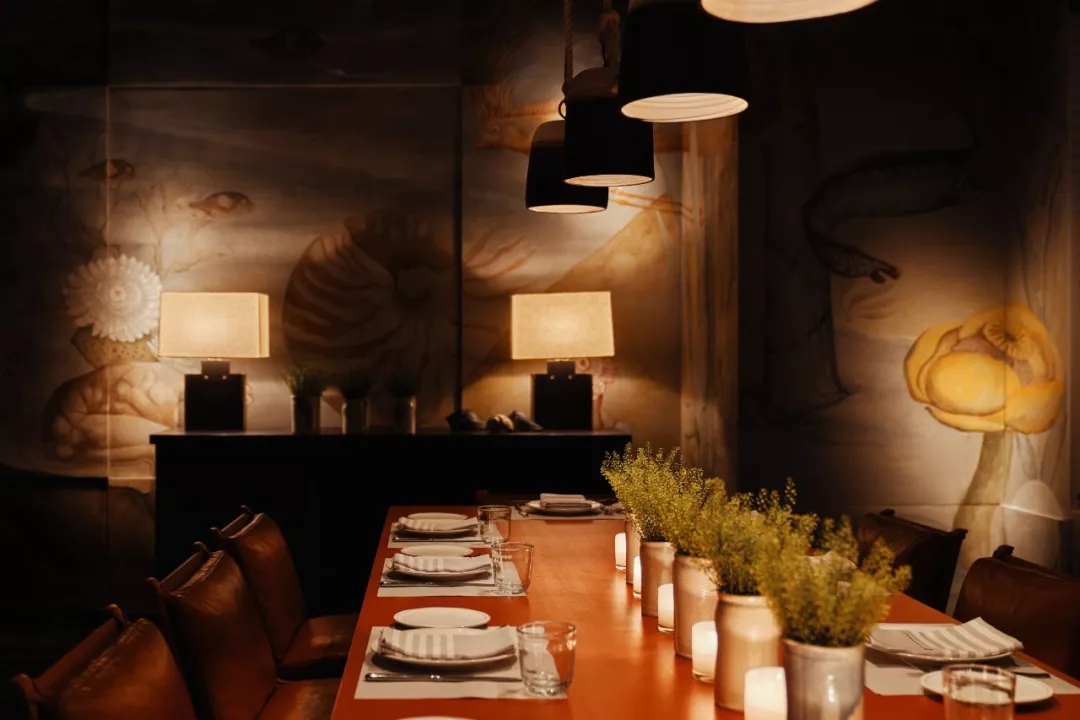 航海元素的餐厅，木质镶板和不对称的灯光在室外的水线上浮起