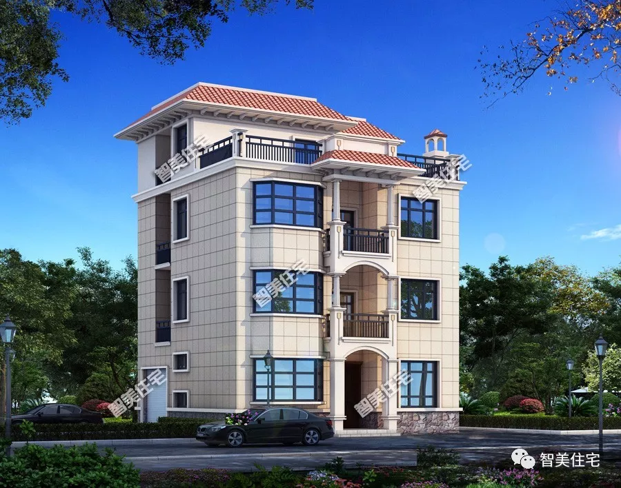 6栋平屋顶设计的四层别墅，包含中式、现代和欧式风格