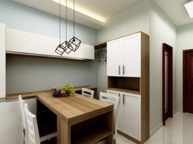 家用餐厅收纳柜设计，白色与原木色的组合就很不错！