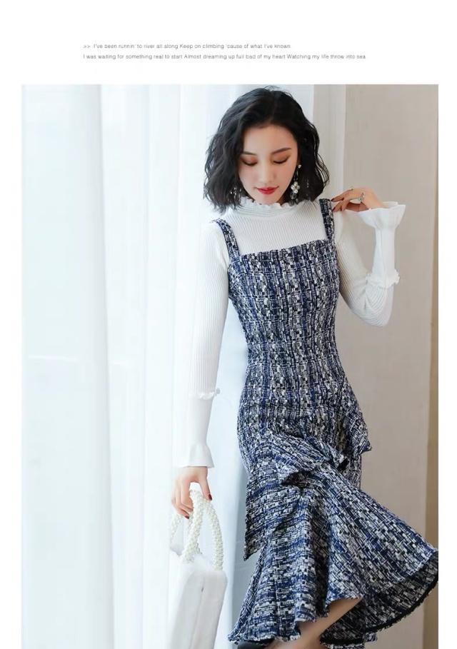 套装连衣裙，木耳边搭配格子裙走出了不一样的风格