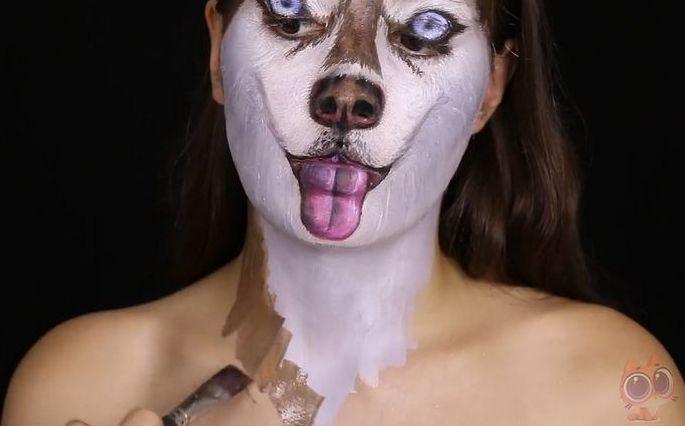 女主人化妆成自家二哈的样子，二哈看了一脸懵逼：这是我大兄弟？