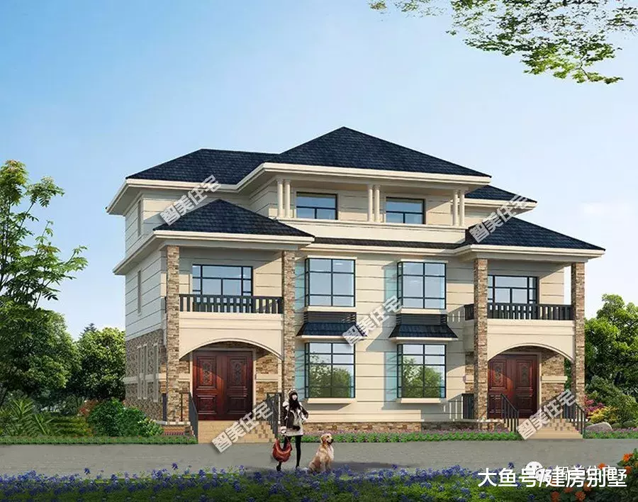 两栋宽17米的农村双拼别墅，欧式风格设计，第一栋每层都有厨房