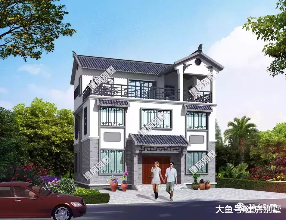 11.6×9.5米新中式别墅, 有地势差的宅基地, 学学这样建