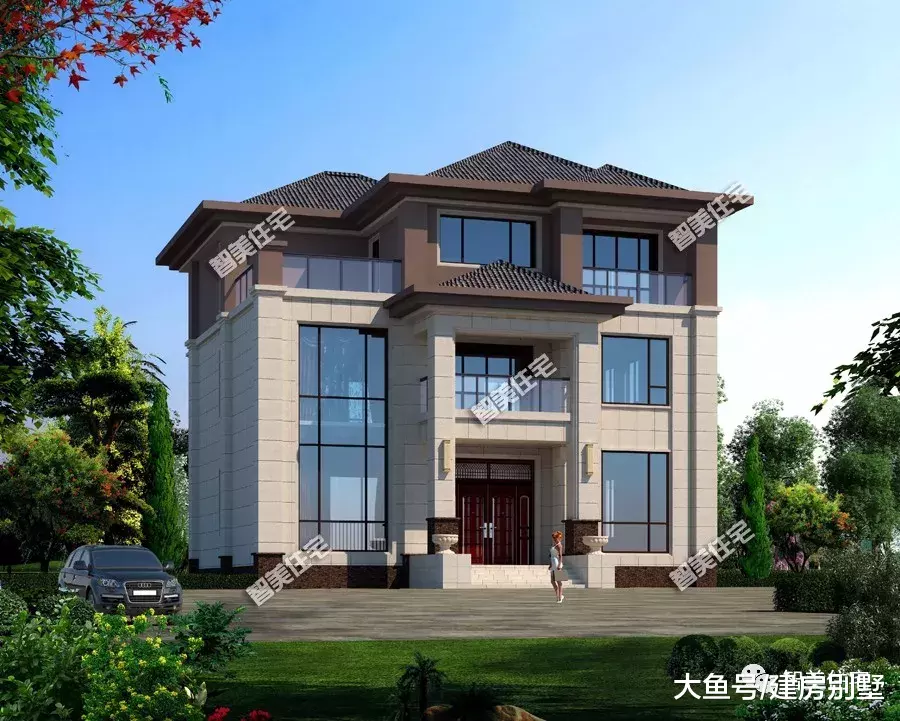 两栋宽11米多的三层别墅，第一栋新中式风格，造价30万左右