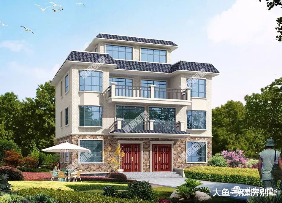 两栋造价低且实用的双拼别墅，面宽都不大，第二栋平屋顶设计