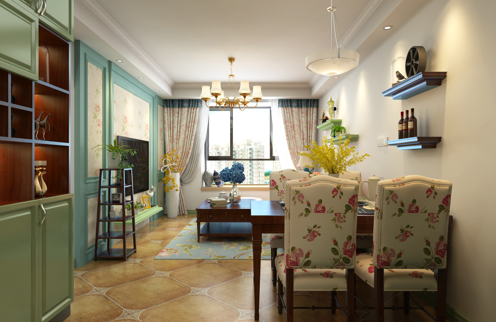 美式田园风二居室装修效果图，五彩缤纷的色调充满着生活的甜蜜