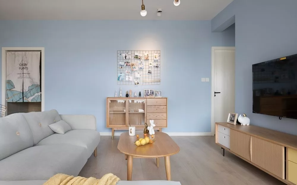 100㎡简约北欧风格装修效果图，马卡龙清新蓝横厅设计超赞！