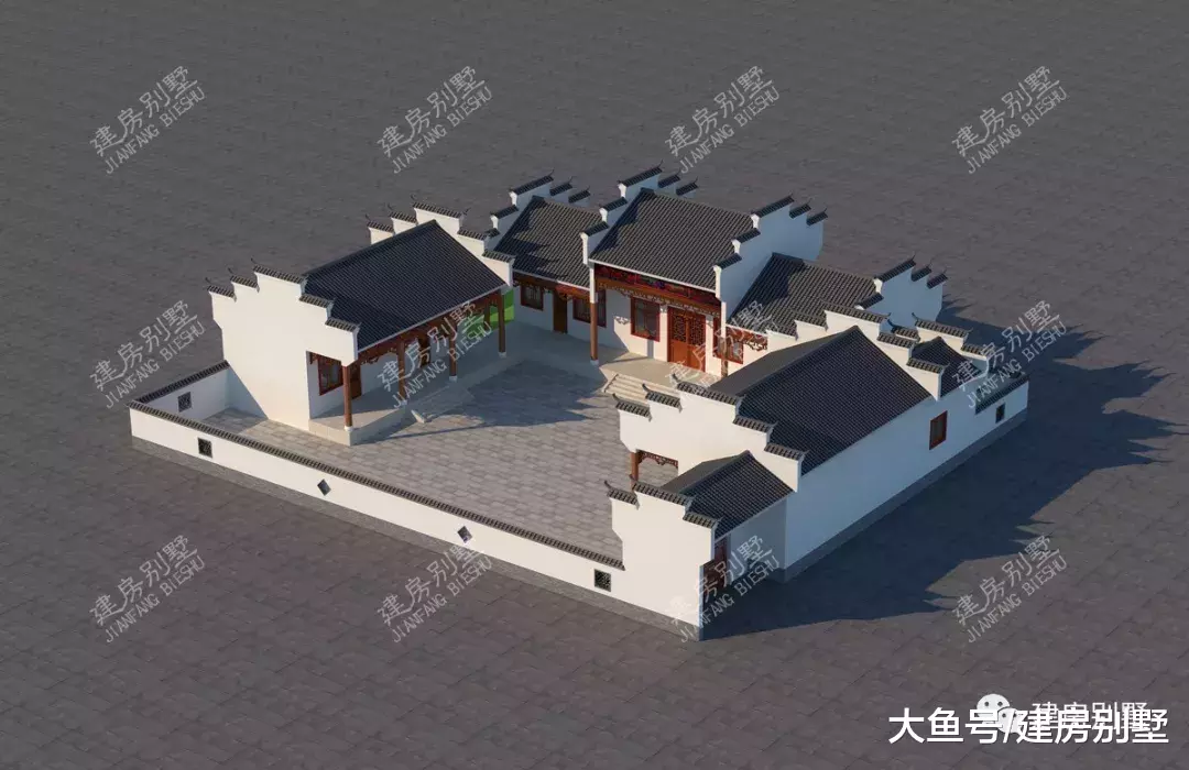 两栋中式风格的合院别墅，白墙黛瓦马头墙，是此生挚爱没错