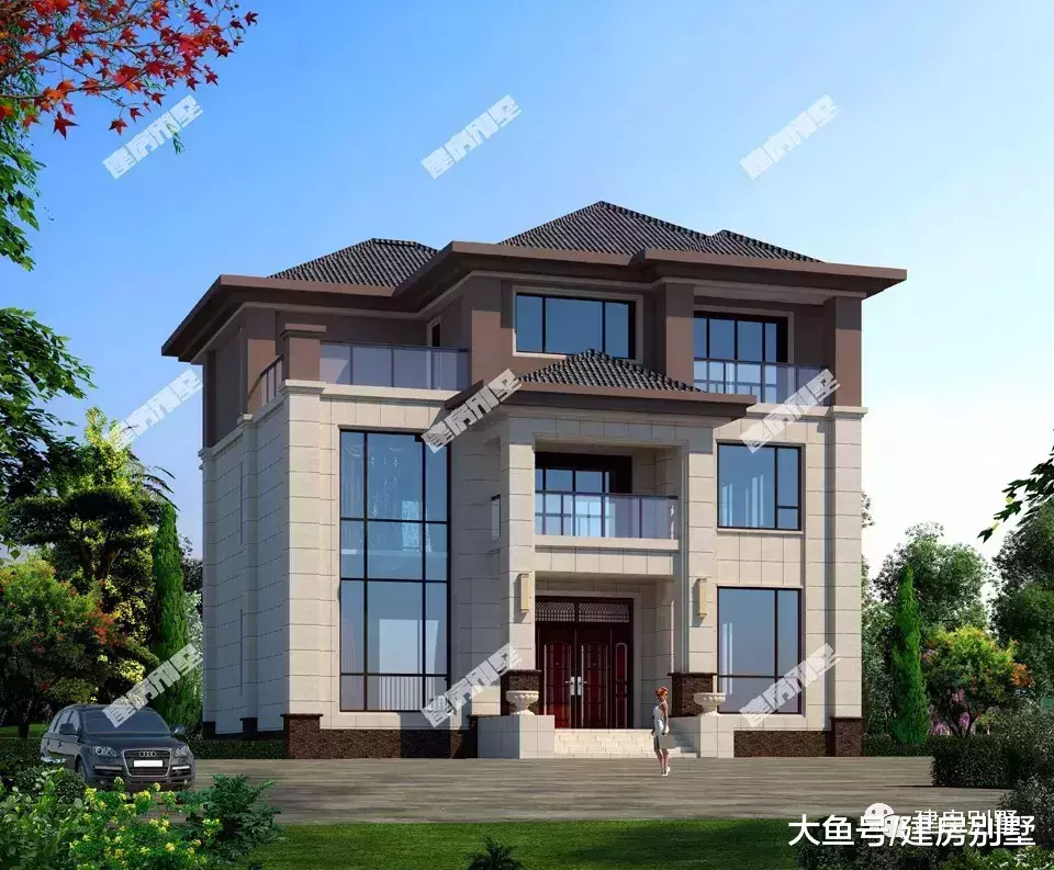 两栋新中式风格的农村自建房，室内都用了小台阶