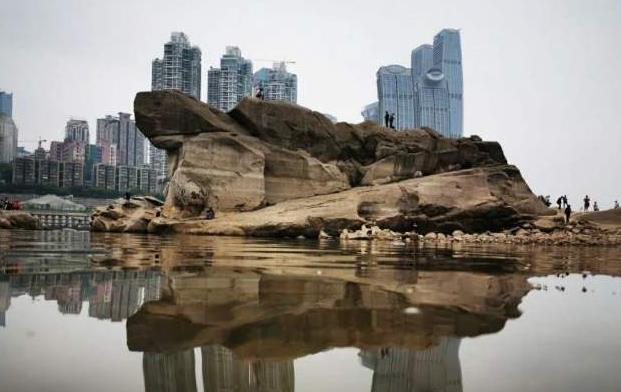 [重庆]重庆“千年神龟”石露出水面，有石窟佛像，现成为新晋网红景点