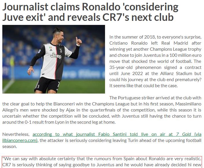 #C罗#C罗准备离开尤文?意大利名记曝光尤文球王下家:欧洲第一土豪