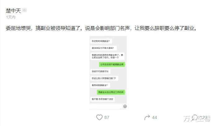 #离职#程序员搞副业被领导发现后怒怼：要不离职，要不停副业，自己决定