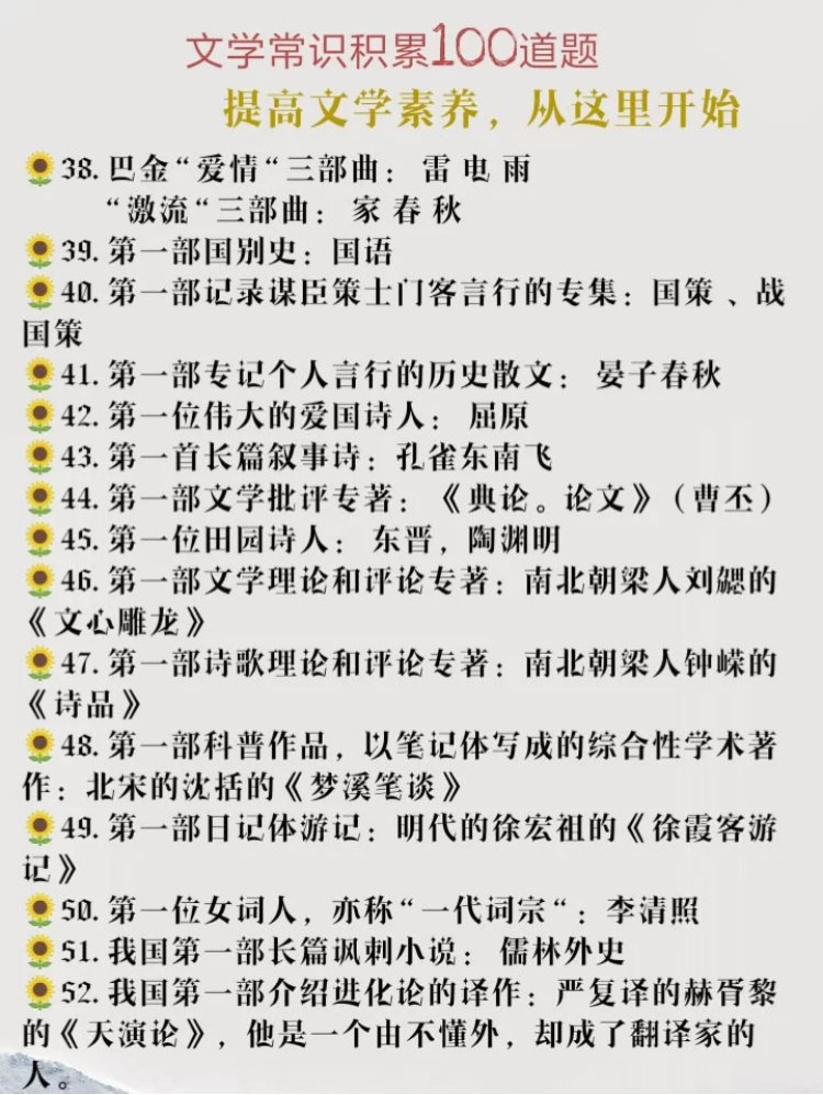 『中小学』干货——文学常识100题，提高语文素养从这里开始