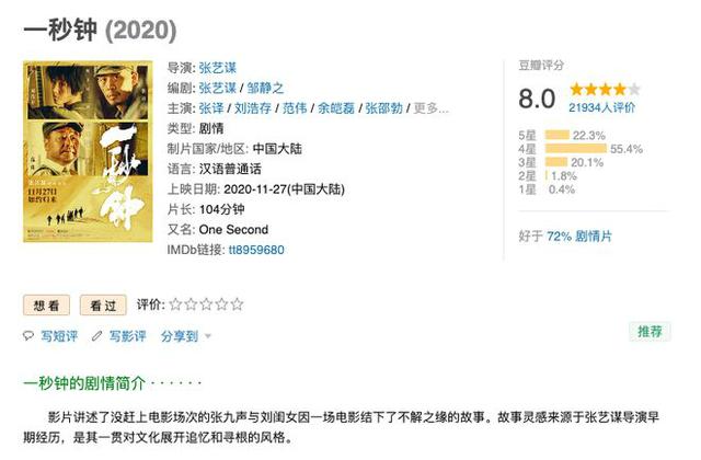 陆毅|《一秒钟》豆瓣评分多少？张艺谋《一秒钟》剧情简介主演介绍