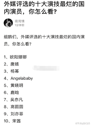 「黄晓明」外媒评十大演技最烂明星：baby排名第4，第1名意料之外