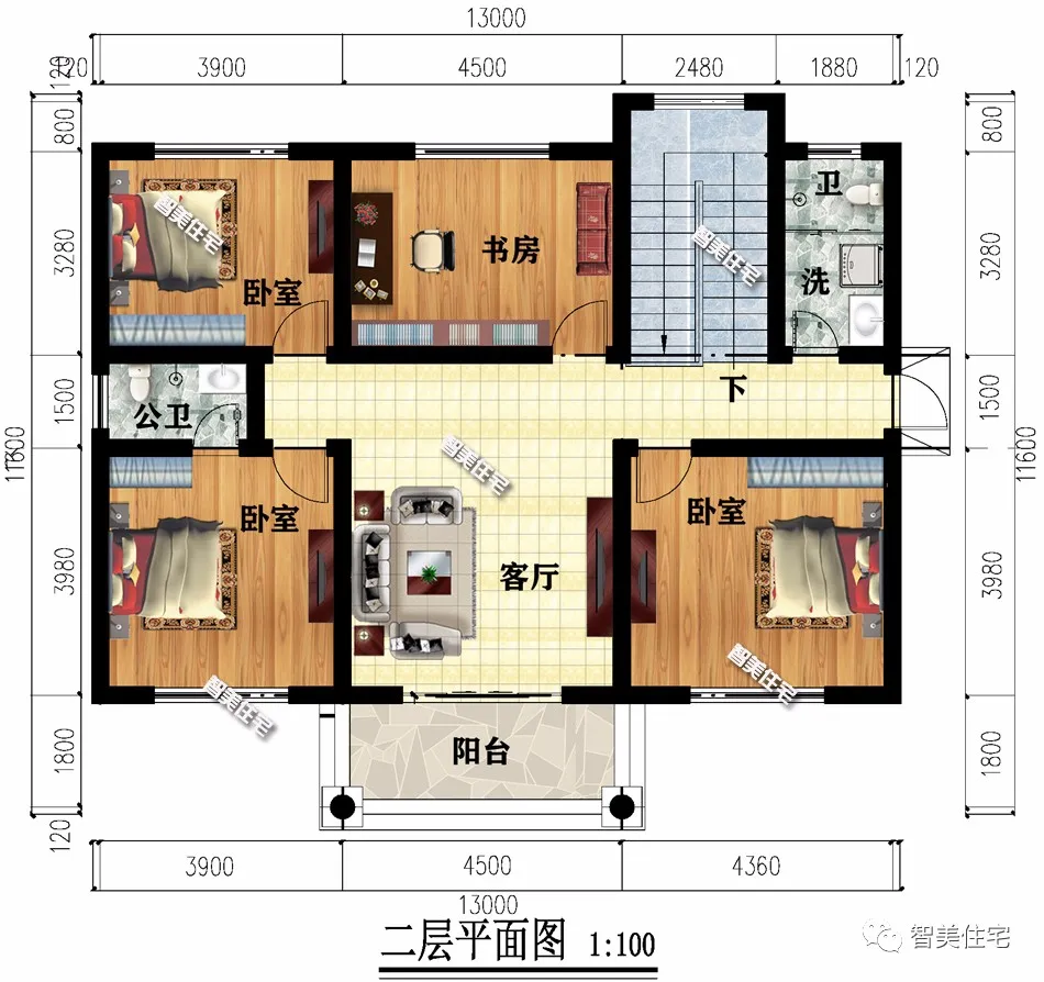 「」开间尺寸为13米，简单两层小别墅，外观对称设计很美
