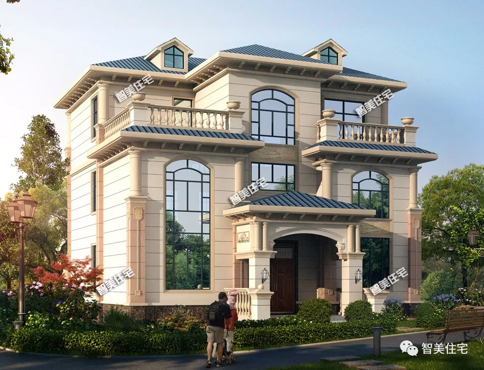 |双露台+挑空客厅设计,带小堂屋的一栋简欧别墅,主体造价40万