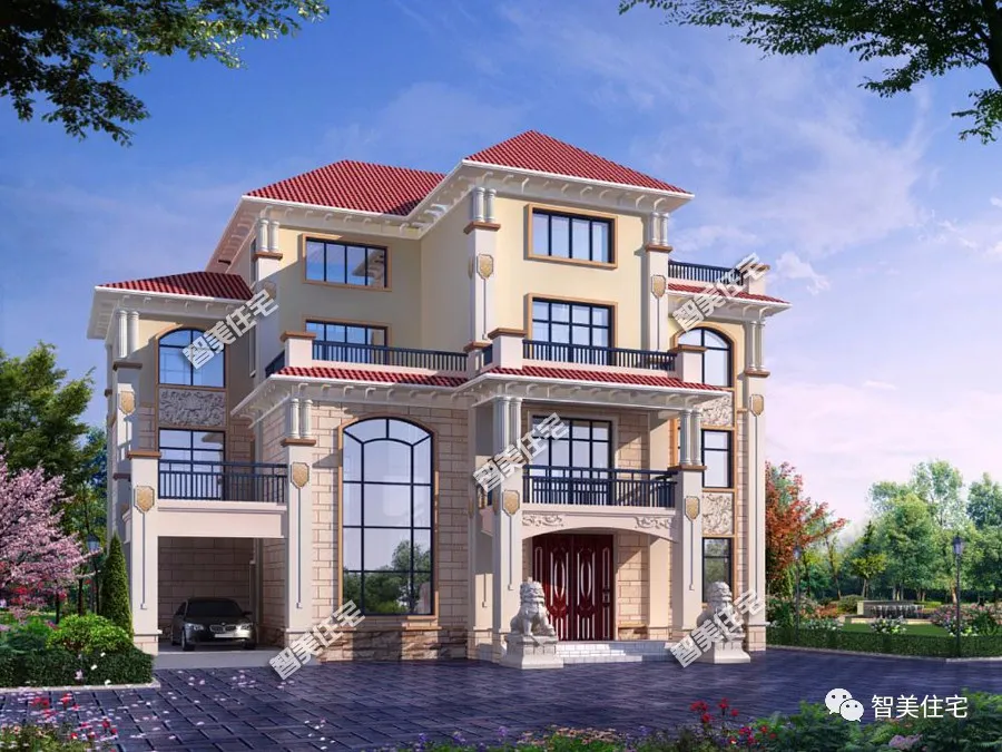 []两栋客厅挑空设计的四层别墅，第一栋造价70万，室内多个套卧