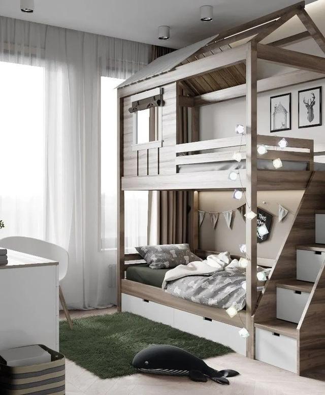 儿童床装上下铺，把小木屋搬上去当防护栏，颜值高不说还安全！