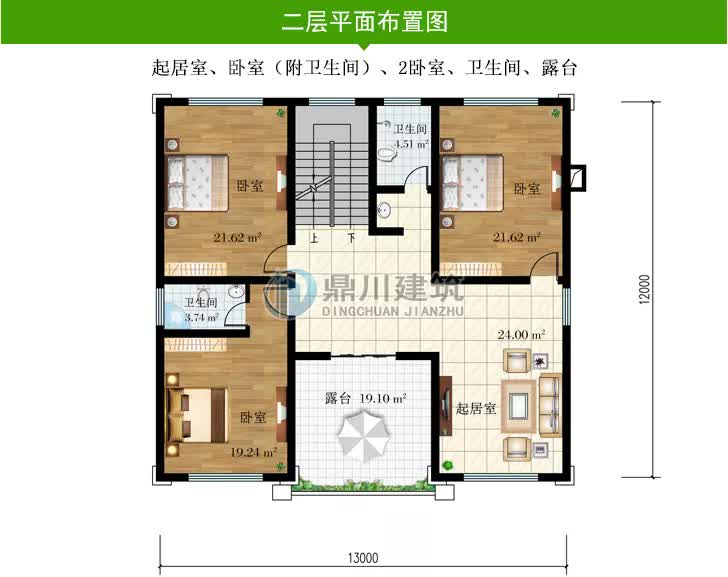 |13×12米，新中式平屋顶二层别墅，堂屋+大卧室设计