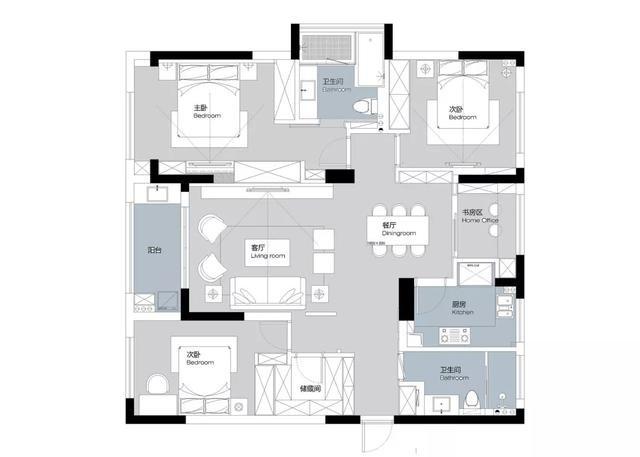 |136㎡四室两厅两卫灰色为主色调打造,配合黑白色作辅色