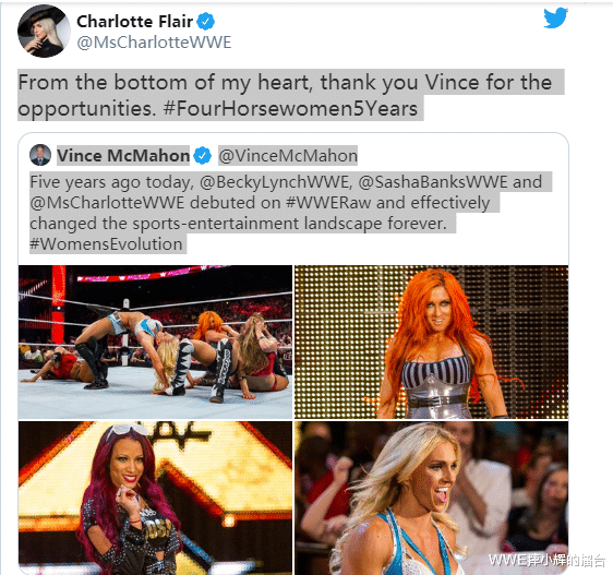 wwe|WWE女版天启四骑士5周年纪念日! 夏洛特回忆安德雷德求婚过程!