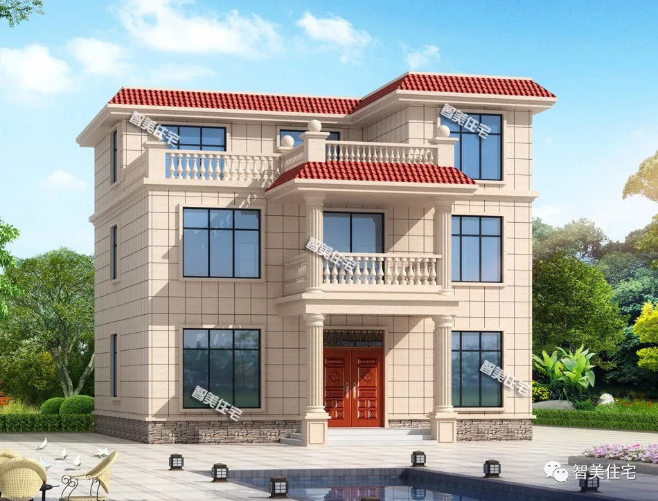 ：两栋平屋面设计的农村别墅，采用不同外观风格，极能吸引看客眼球