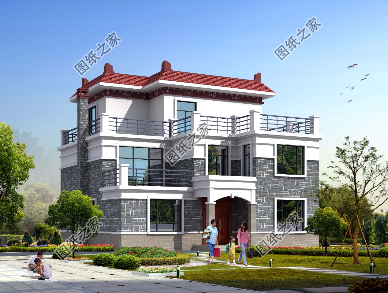 |南方三层平顶楼房图，现代流行款式，一座房子住三代