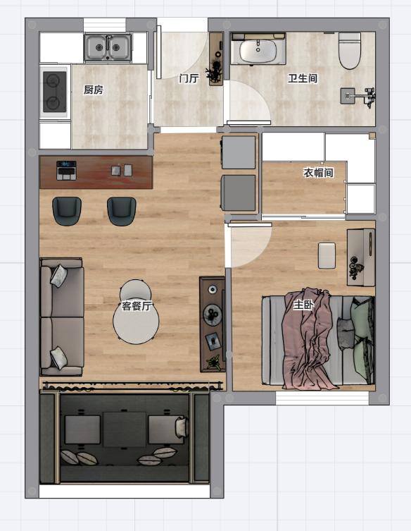 「」一室61.58平米，爆改两室，面积虽小，五脏俱全还带衣帽间