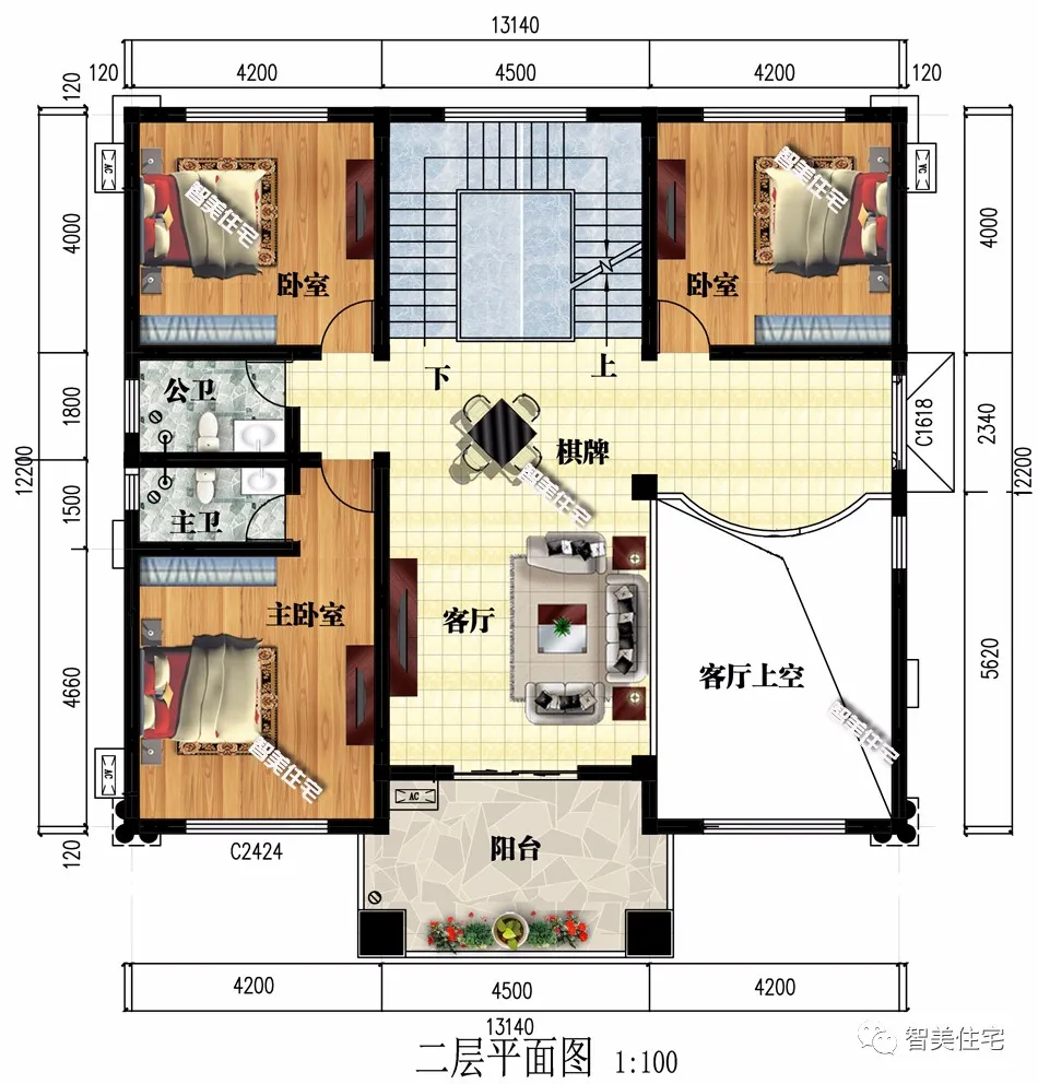 ：6栋室内带堂屋的农村别墅，客厅挑空设计，简欧风格很抢眼