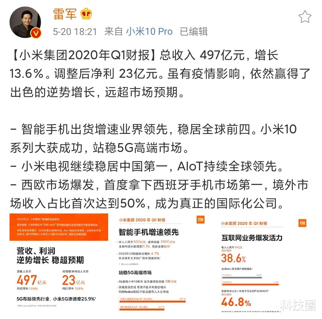 任敏▲小米一季度财报净利润依旧不过5%,雷军称是真正国际化公司
