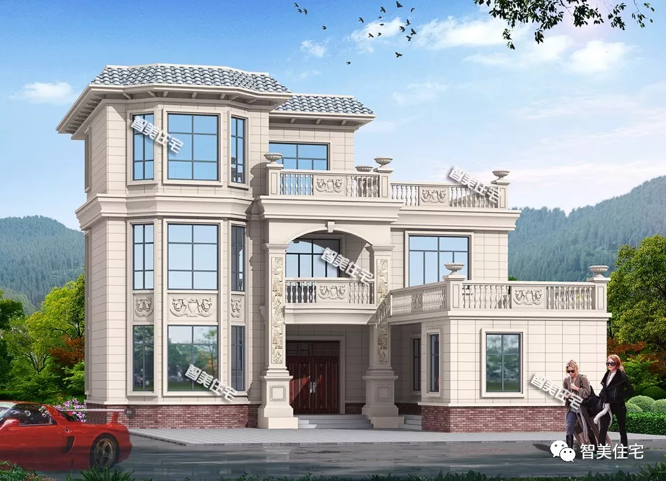 ：平屋面做法的两栋别墅，第一栋带车库，第二栋融合老屋设计