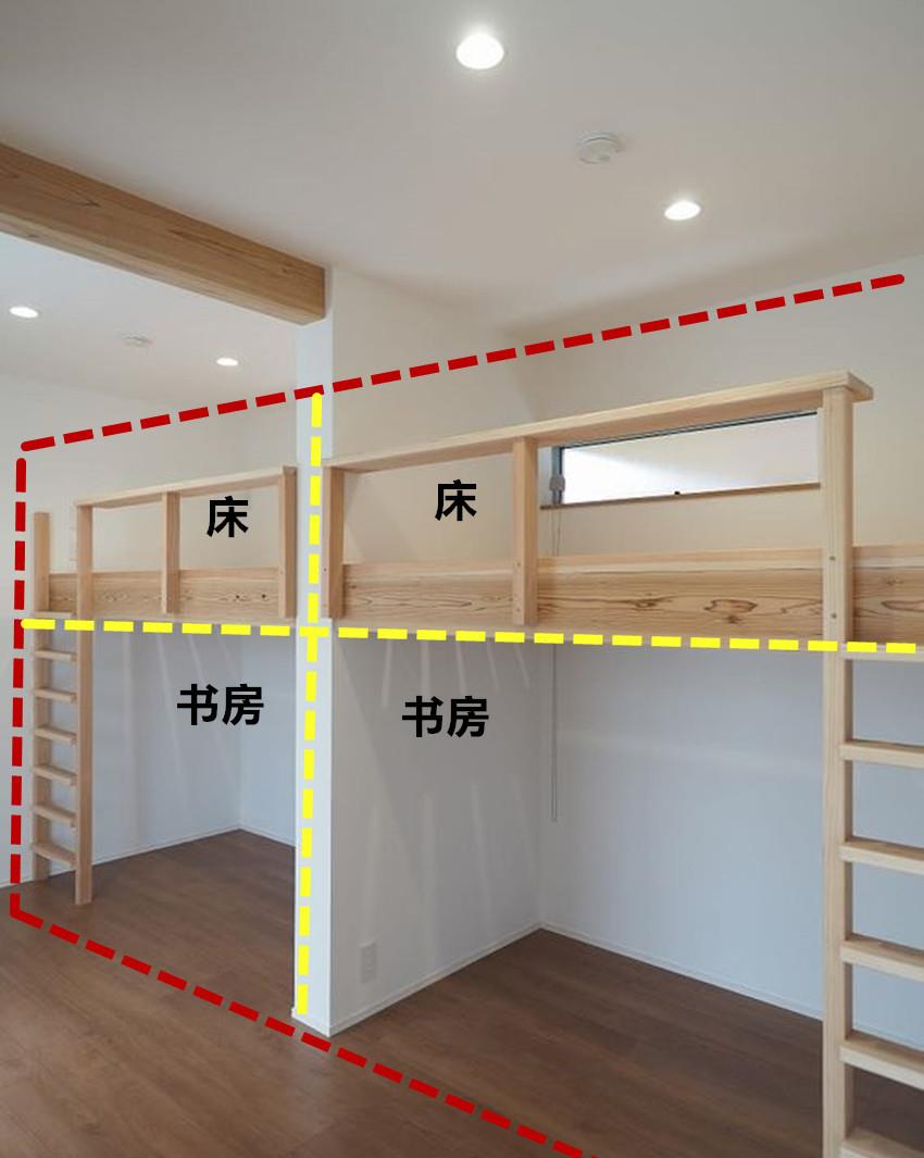 |2个孩子一间房，中间加隔断装2张悬空床，下铺1人1书桌互不干扰
