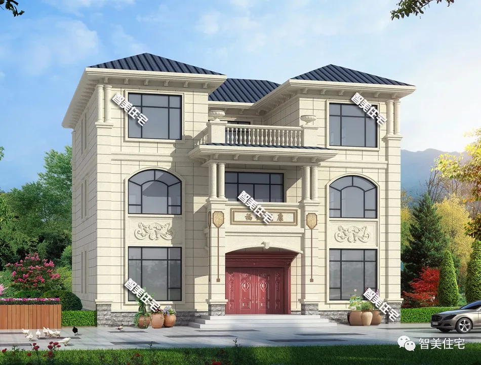 |外形对称式设计的两栋别墅,第一栋客厅,配旋转楼梯真气派