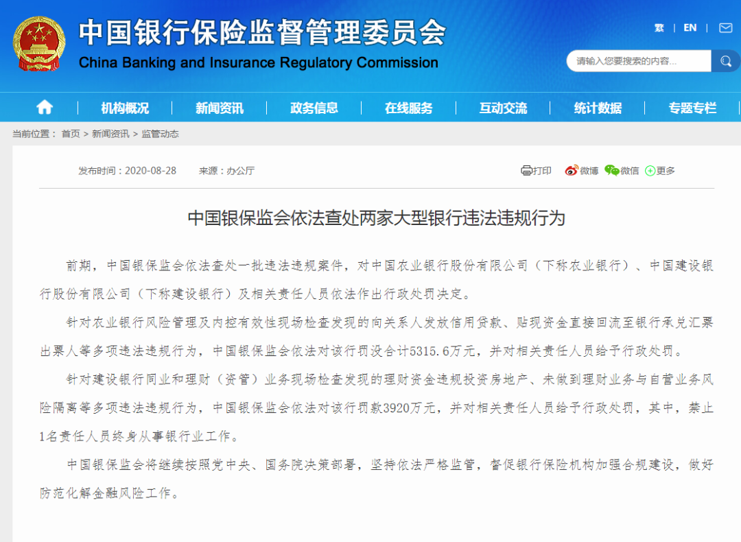 lpl|又见巨额罚单！农行、建行违法违规被罚